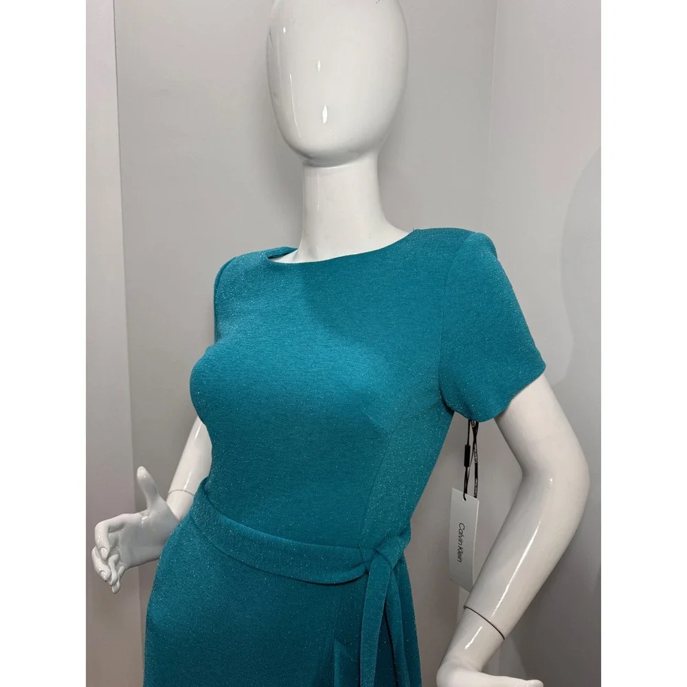 Calvin Klein Teal Shimmer Faux Wrap Ruffle‎ Cocktail Dress Size 6